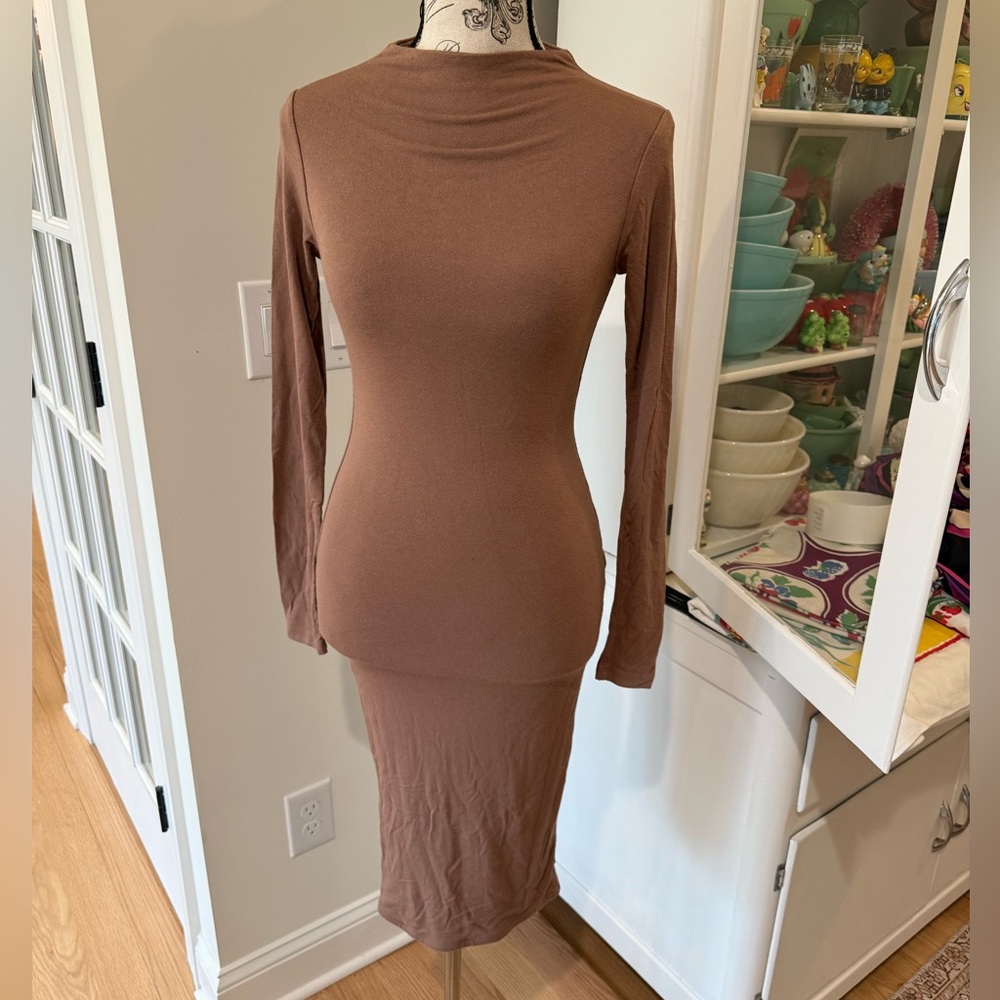 Naked Wardrobe Brown long sleeve bodycon ankle dress